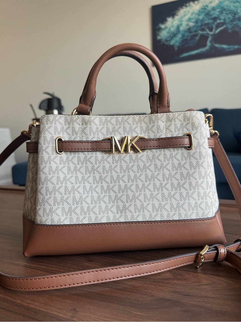 Michael Kors Brown & Vanilla Logo Satchel with Gold Hardware